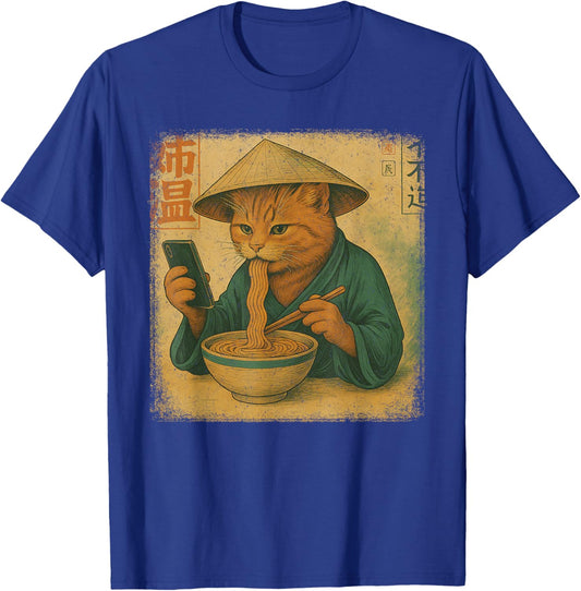 Funny Japanese cat Eat Ramen and Scroll Phone Anime Kitten T-Shirt - T-Shirt | Royal