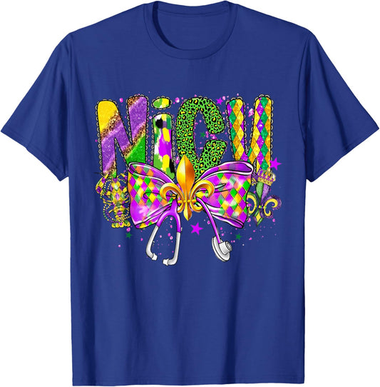 Coquette Bow Fleur De Lis Crawfish Nicu Nurse Mardi Gras T-Shirt - T-Shirt | Royal