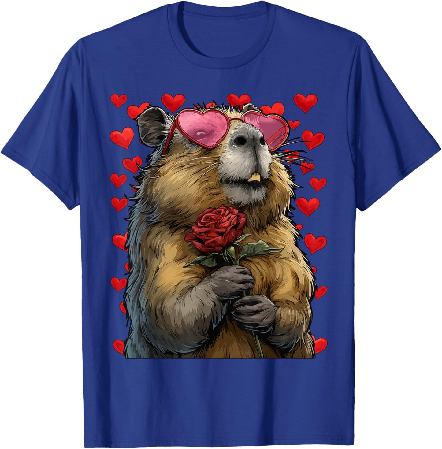Cute Capybara with Heart Glasses Rose Valentine's Day Animal T-Shirt - T-Shirt | Royal
