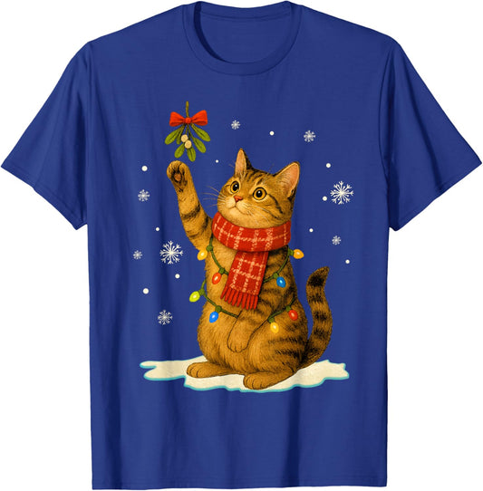 Cat Christmas Mistletoe Vintage Cat Lover Holiday Women Kids T-Shirt - T-Shirt | Royal