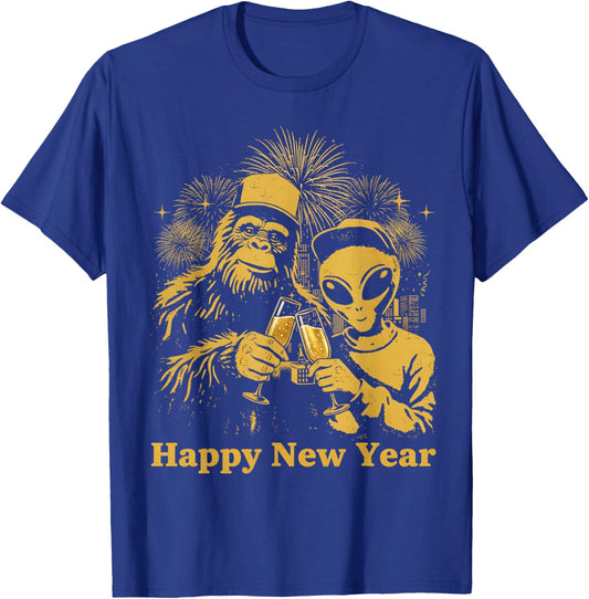 Happy New Year Bigfoot and Alien Sasquatch Fireworks Party T-Shirt - T-Shirt | Royal