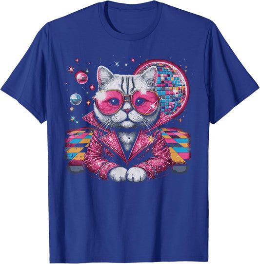 Cat Suit Disco Ball Vintage Kitten Kitty 70s Men Women Kids T-Shirt - T-Shirt | Royal