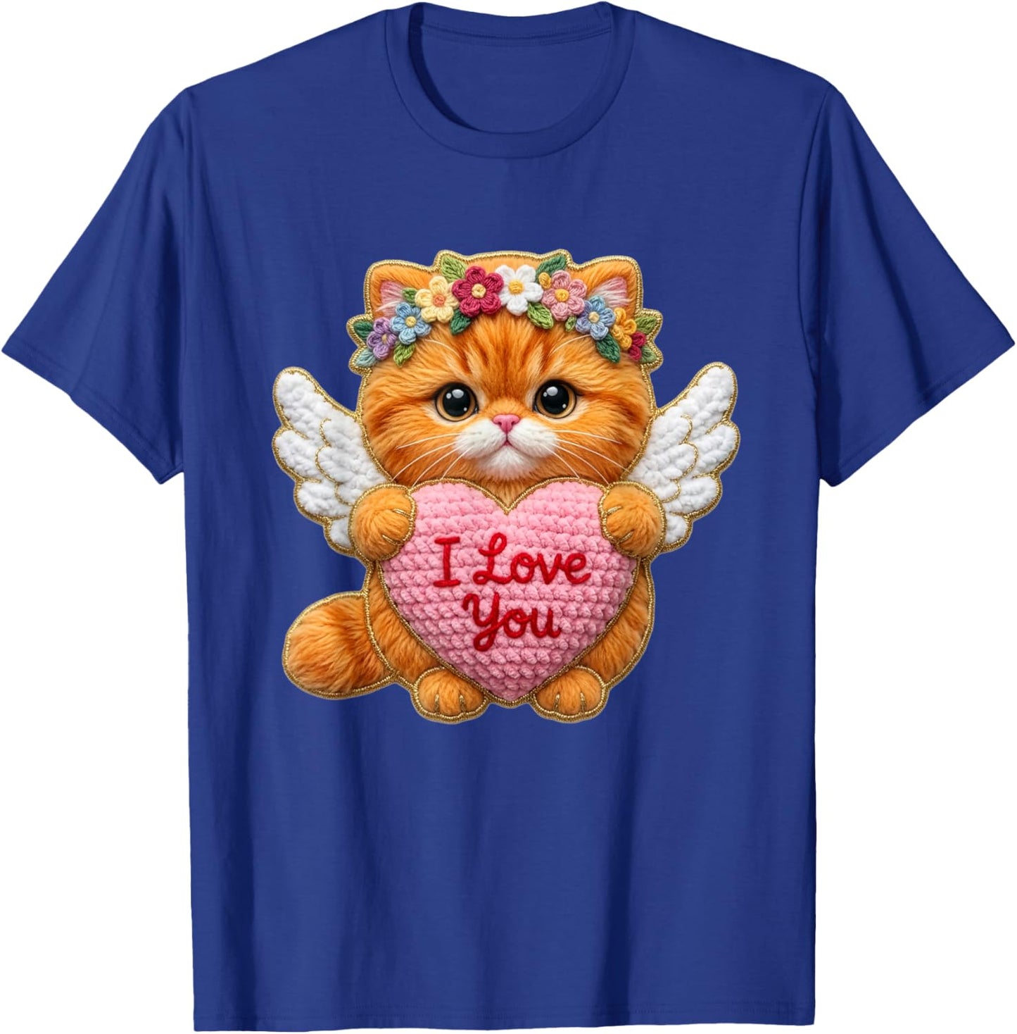 Valentine Cat Heart Design Cute Yarn-Look Angel Kitten Art T-Shirt - T-Shirt | Royal
