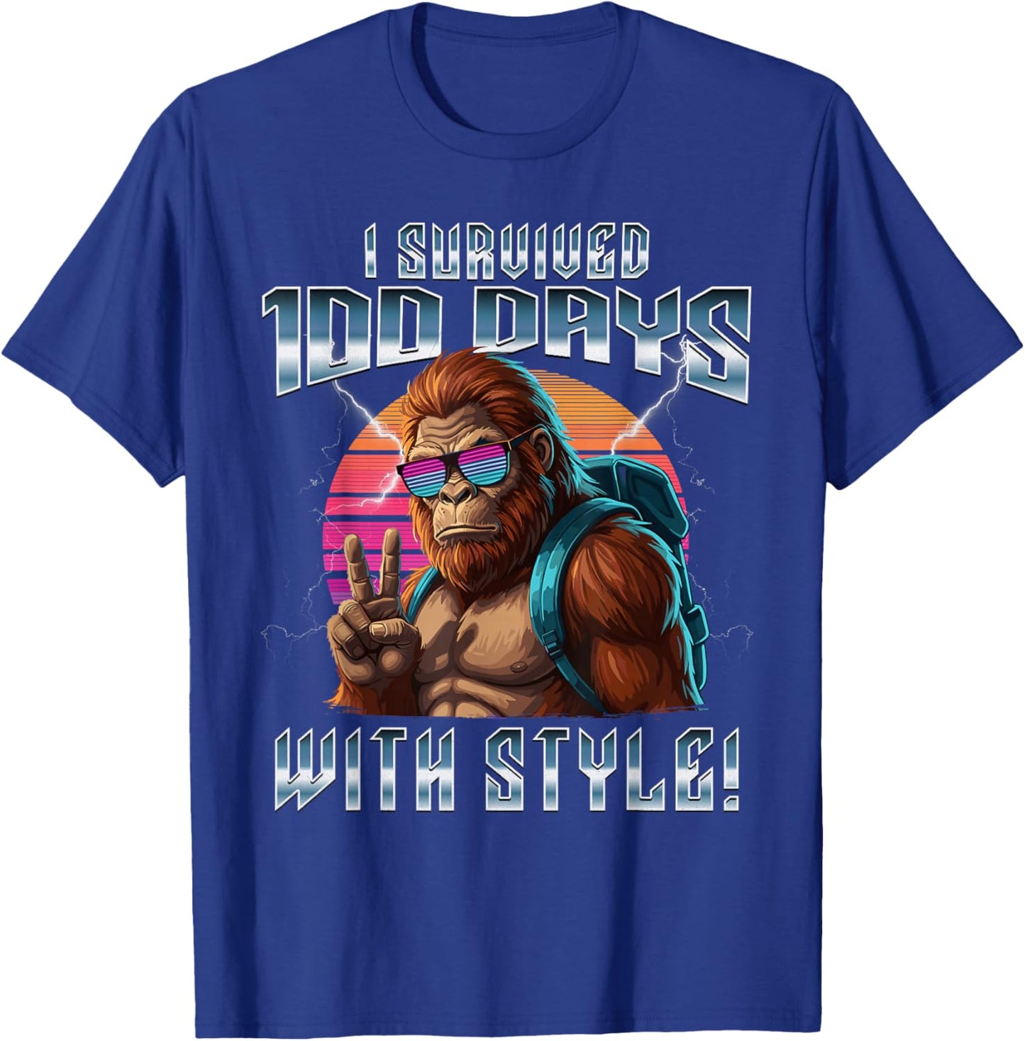 Retro I Survived 100 Days of School Bigfoot Kids Teacher T-Shirt - T-Shirt | Royal