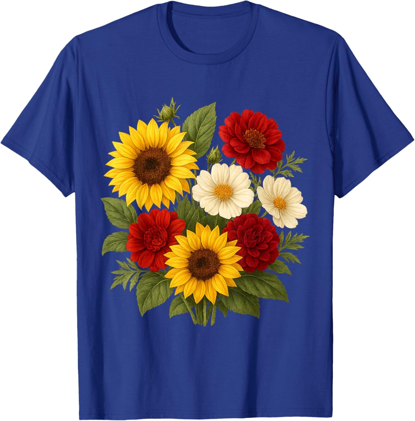Sunflower Dahlia and Cosmos Bouquet Rustic Summer Farmhouse T-Shirt - T-Shirt | Royal