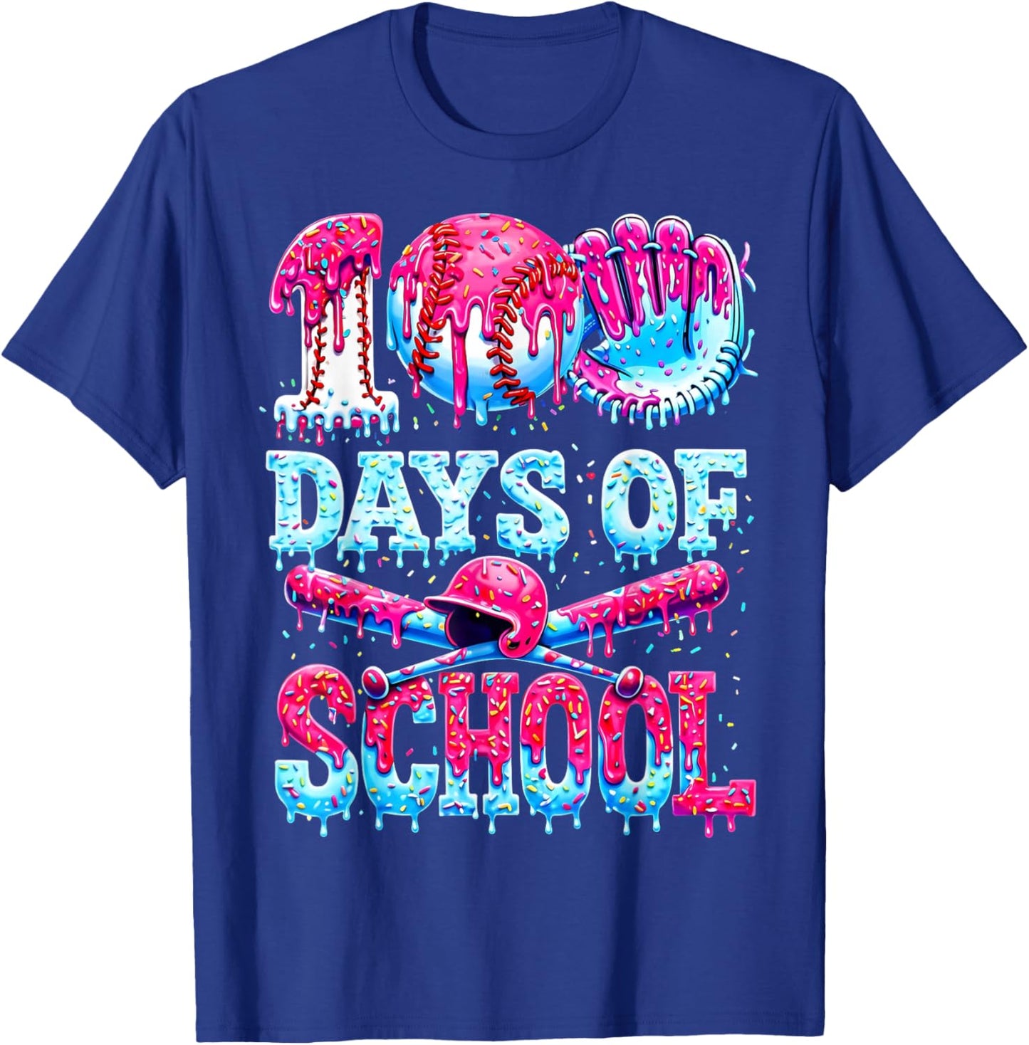 100 Days of School Baseball Ice Cream Drip Gift Boys Kid T-Shirt - T-Shirt | Royal