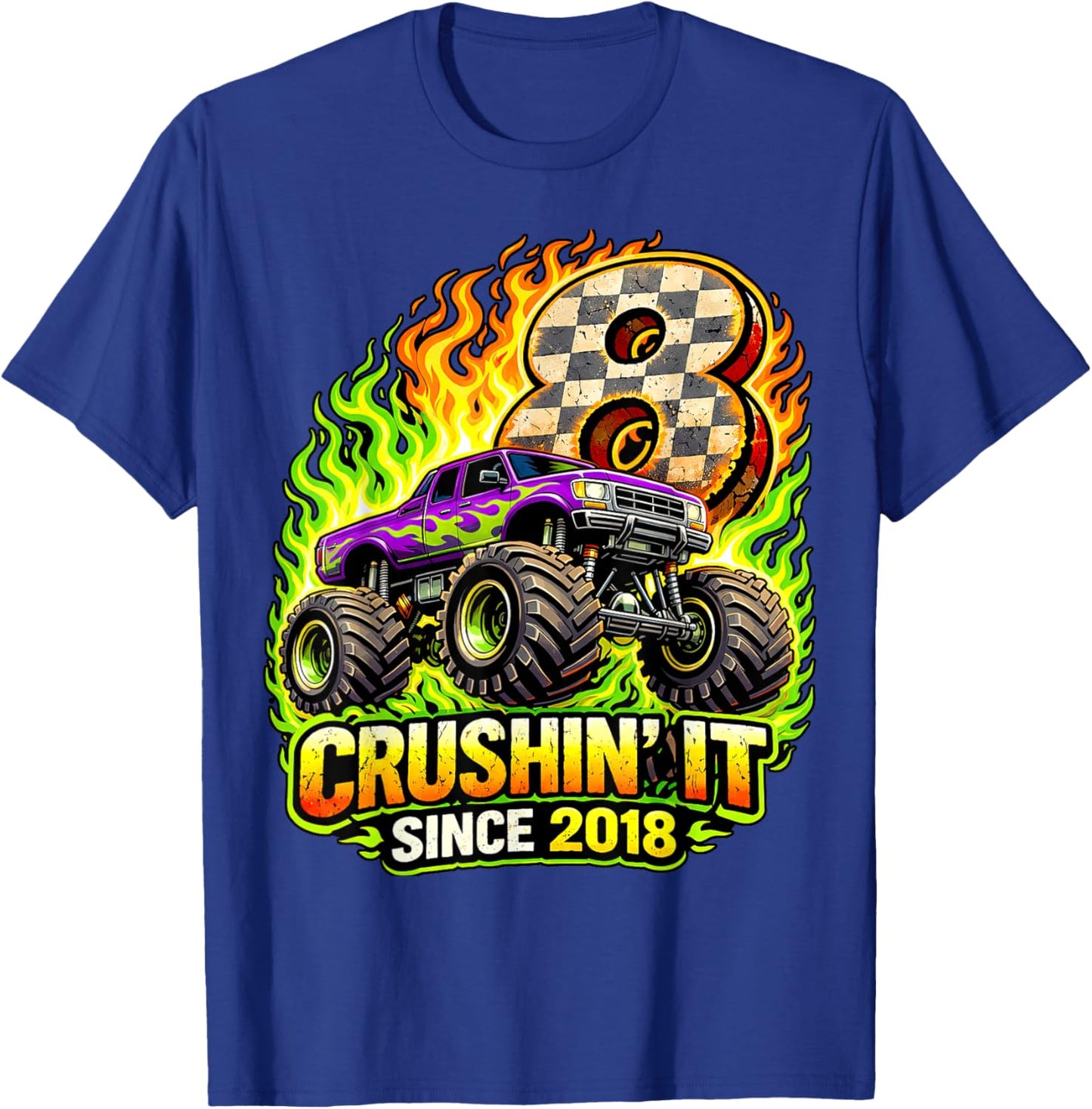 Birthday Monster Truck 8 Year Old Boys 8th Party Born 2018 T-Shirt - T-Shirt | Royal