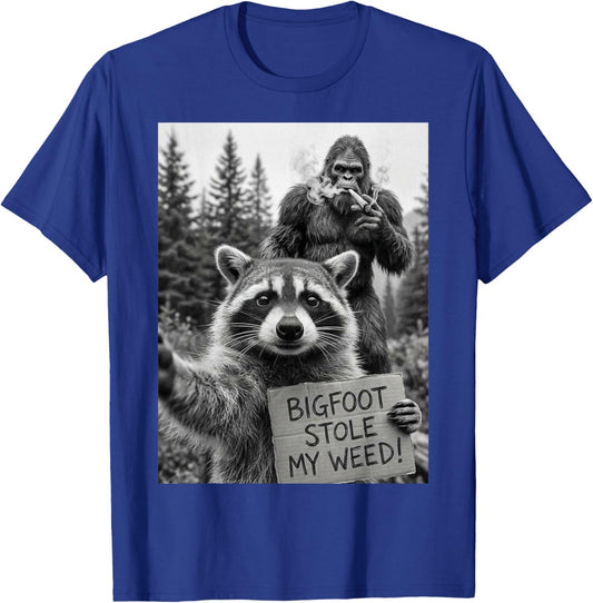 Bigfoot Stole My Weed Funny 420 Raccoon Smoking Pot Selfie T-Shirt - T-Shirt | Royal
