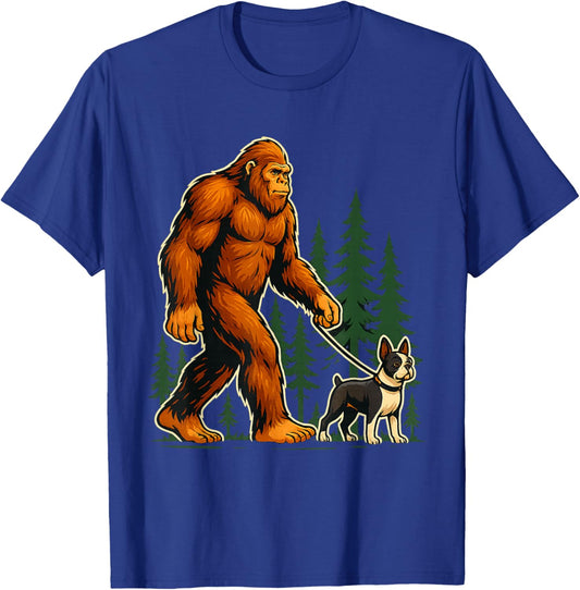 Funny Boston Terrier Bigfoot Dog Walking Dog Mom Dad Kids T-Shirt - T-Shirt | Royal