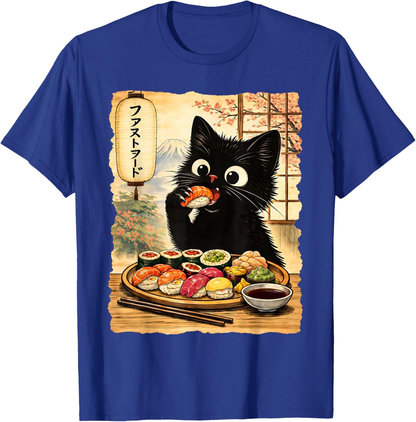 Black Cute Cat Eating Sushi Kawaii Japanese Food Anime Cats T-Shirt - T-Shirt | Royal