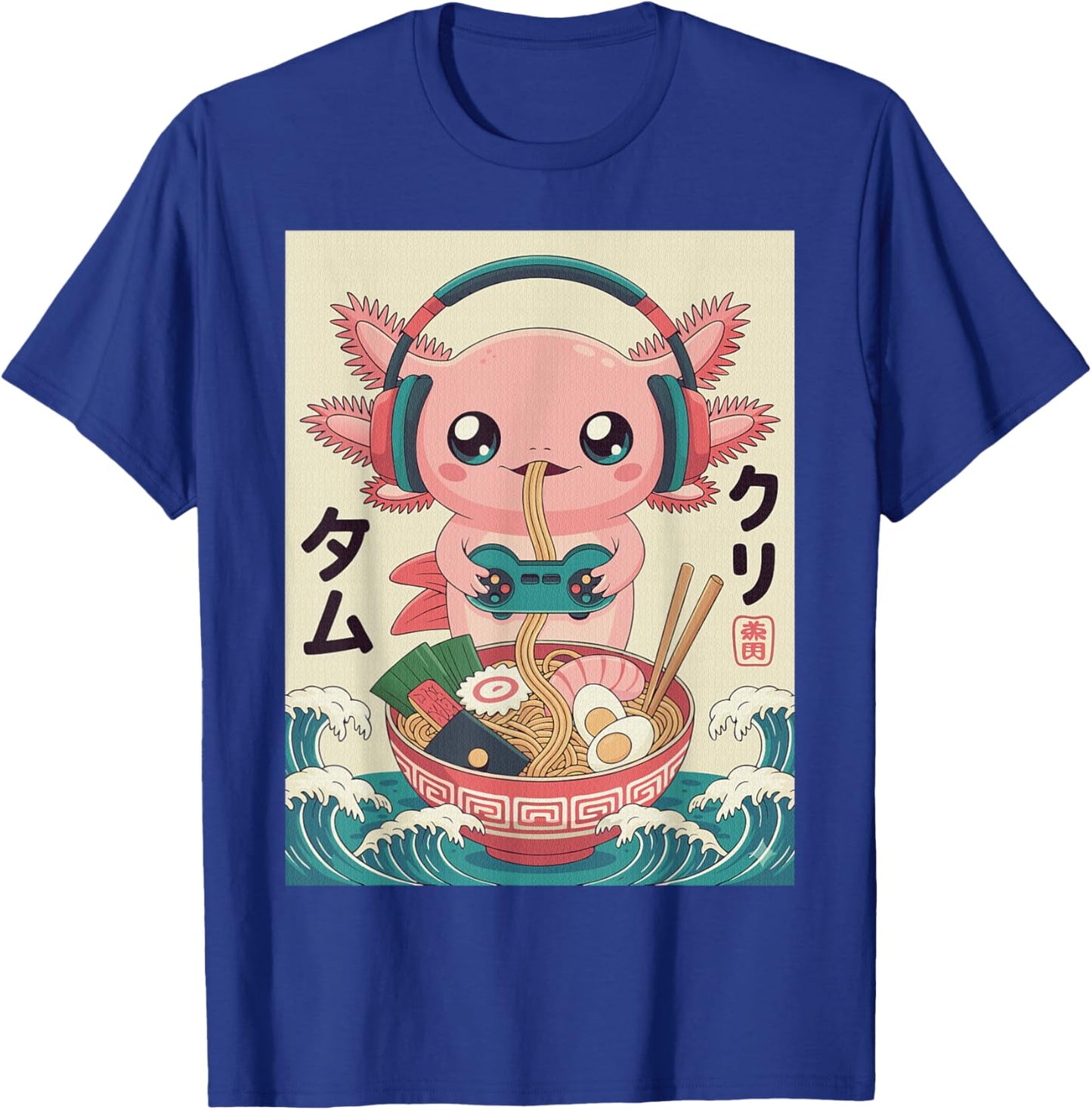 Axolotl Eating Ramen Noodles Gaming Kawaii Anime Gamer Kids T-Shirt - T-Shirt | Royal