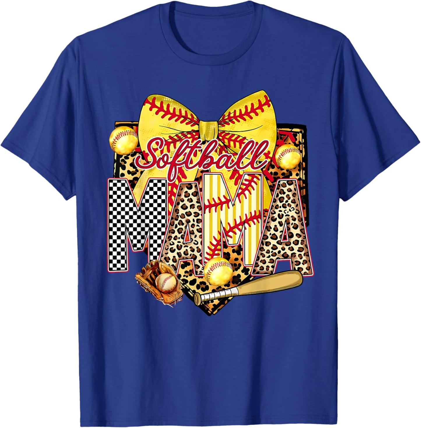 Yellow Leopard Checker Bow Letters Softball Mama Sports Mom T-Shirt - T-Shirt | Royal