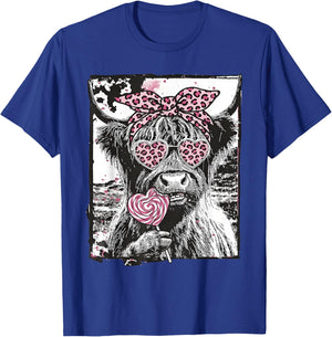 Highland Cow Valentine Coquette Pink Leopard Lollipop Heart T-Shirt - T-Shirt | Royal