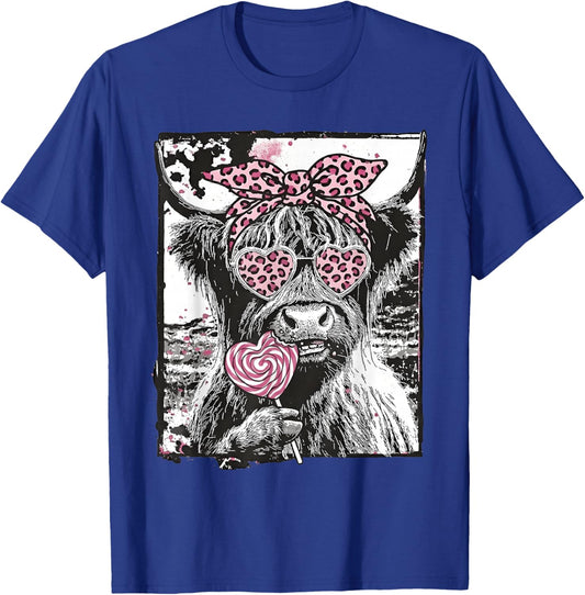 Highland Cow Valentine Coquette Pink Leopard Lollipop Heart T-Shirt - T-Shirt | Royal
