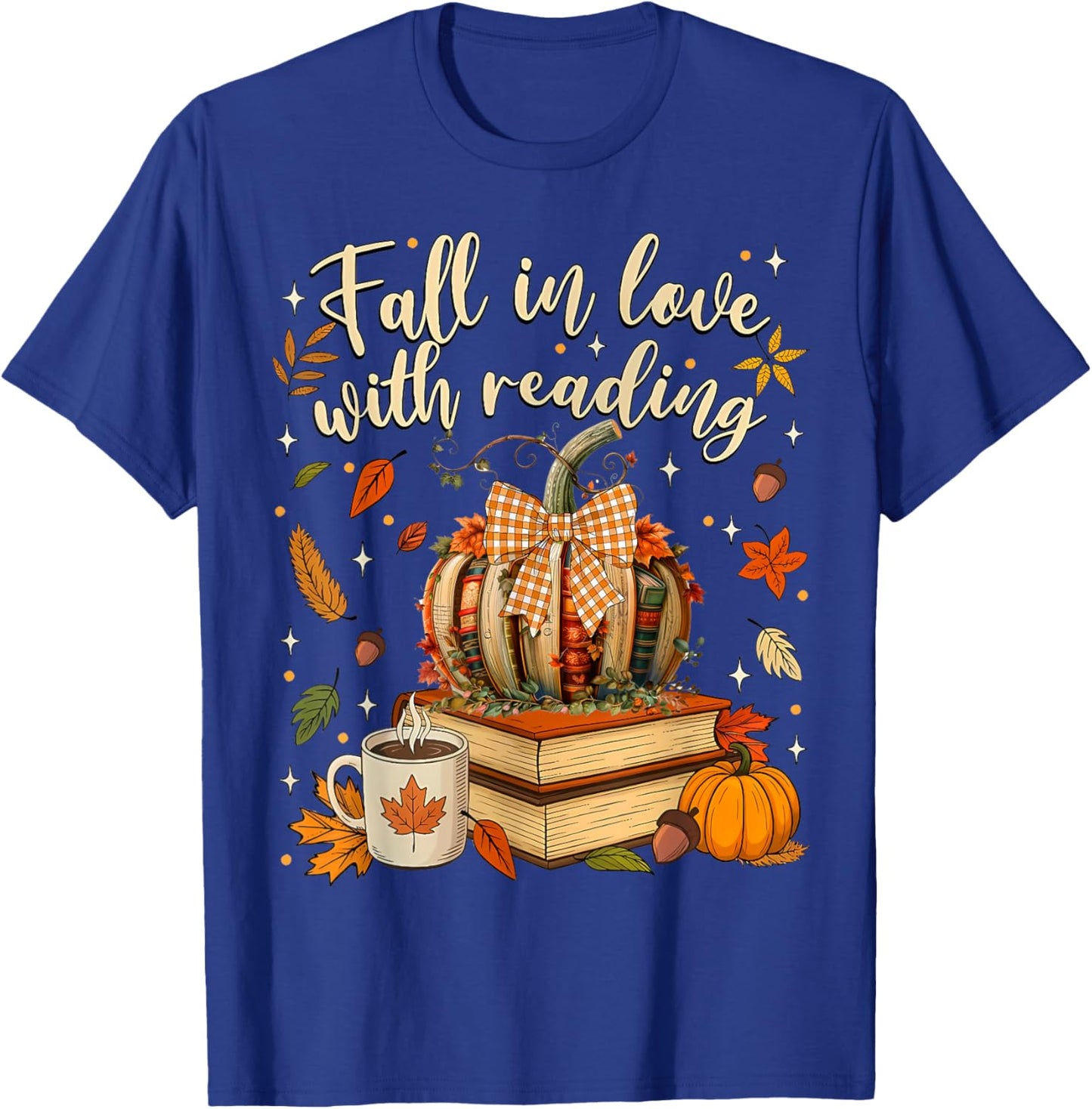 Fall in Love with Reading Autumn Fall Book Pumpkin Teacher T-Shirt - T-Shirt | Royal