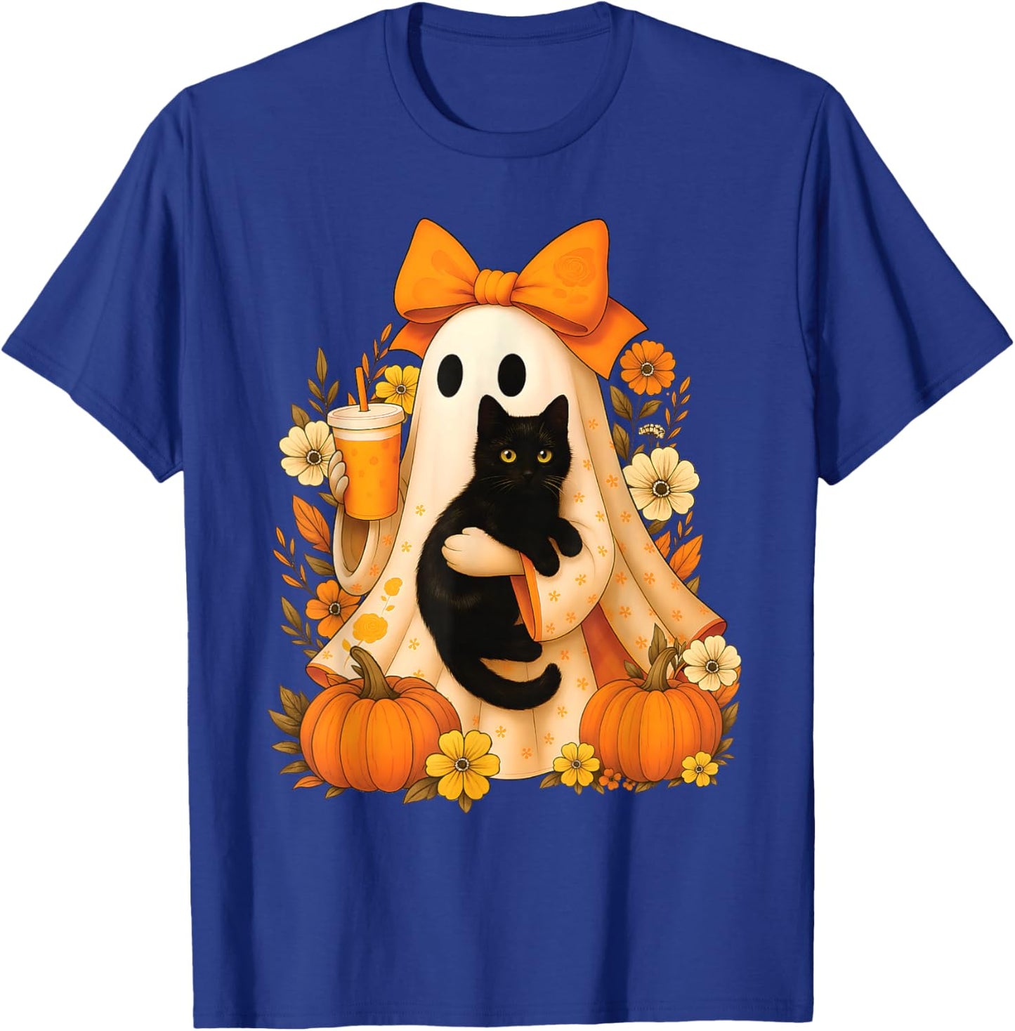 Retro Ghost Holding Cat Groovy Floral Vintage Halloween T-Shirt - T-Shirt | Royal