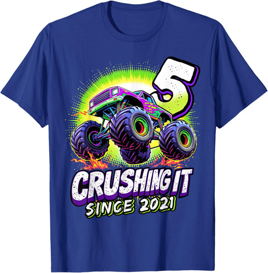Birthday Monster Truck 5 Year Old Boys 5th Party Born 2021 T-Shirt - T-Shirt | Royal