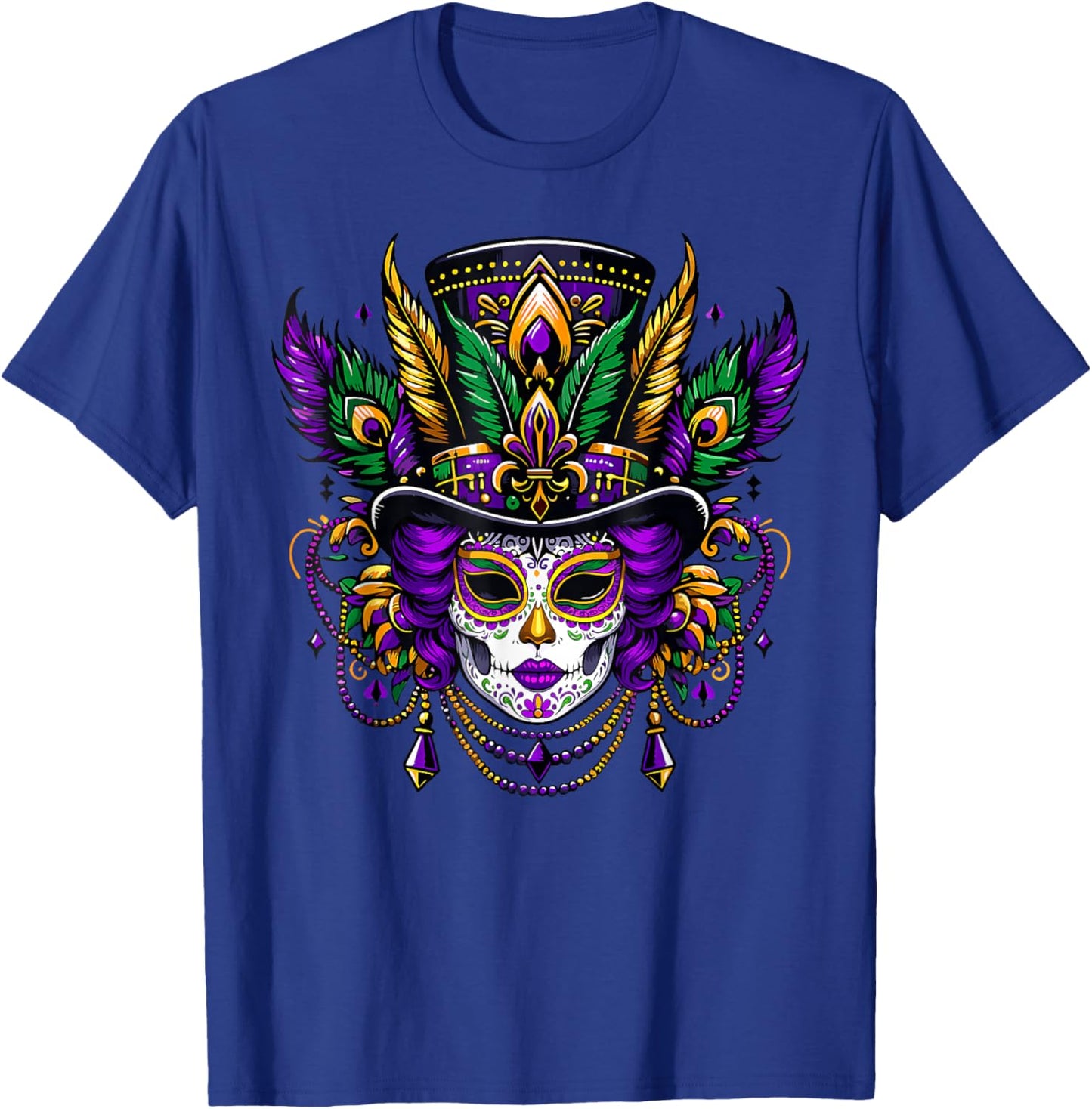 Mardi Gras Mask Feathers Carnival New Orleans Fleur De Lis T-Shirt - T-Shirt | Royal