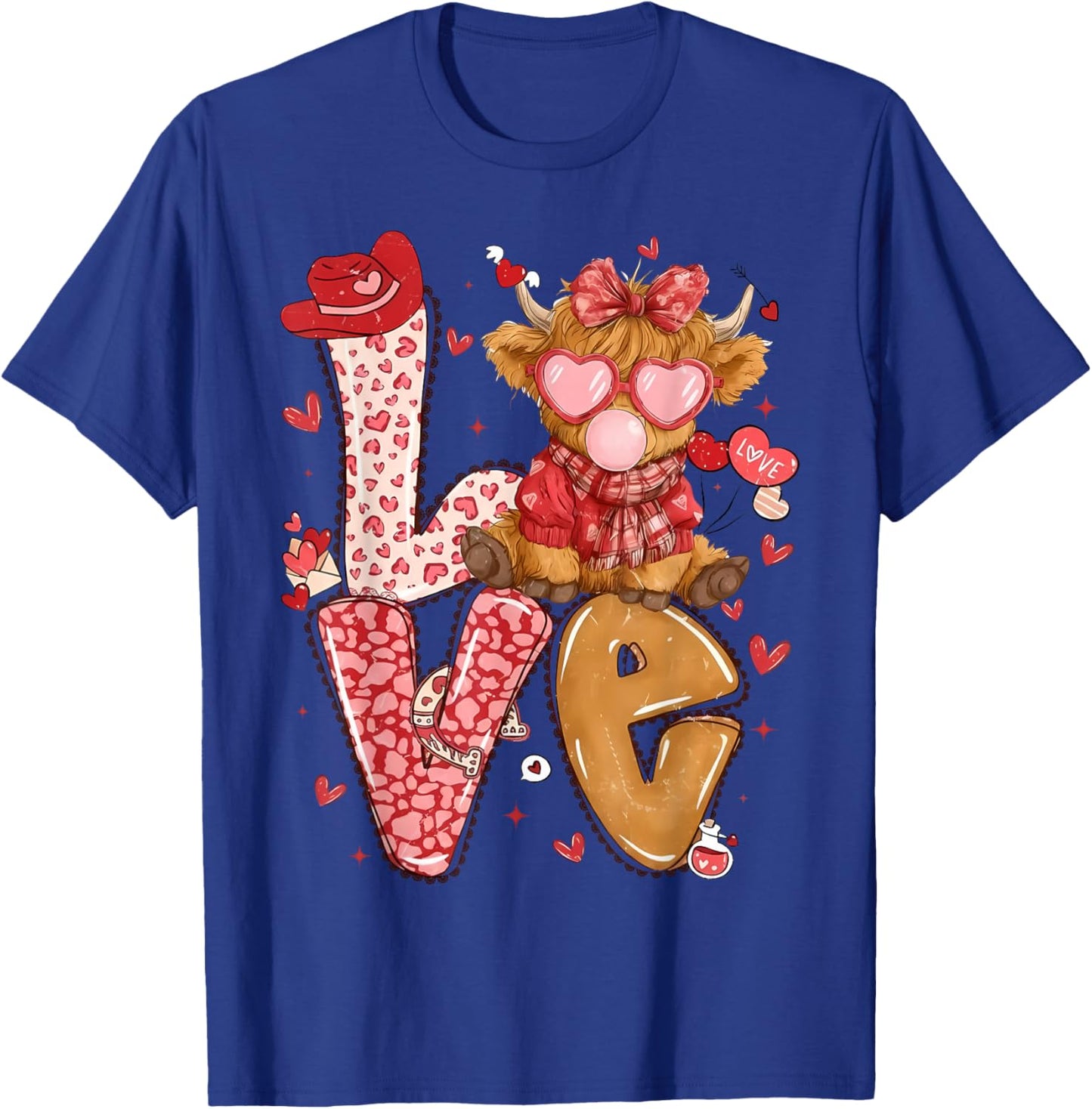 Cute Highland Cow and Pink Heart Valentine Day Love Leopard T-Shirt - T-Shirt | Royal