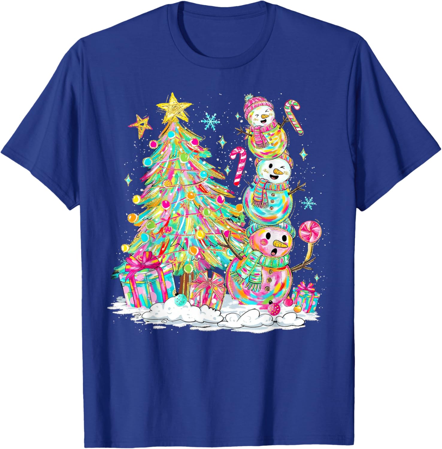 Colorful Christmas Snowman Scene for Kids Holiday Fun T-Shirt - T-Shirt | Royal