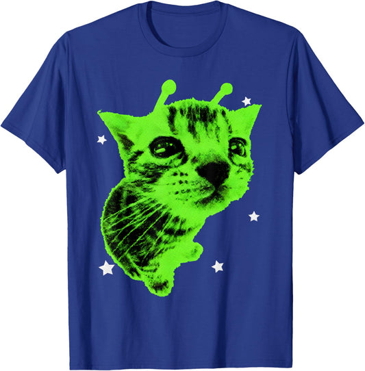 Y2K Alien Cat Meme Retro Silly Cat Vintage Space Kitty Funny T-Shirt - T-Shirt | Royal