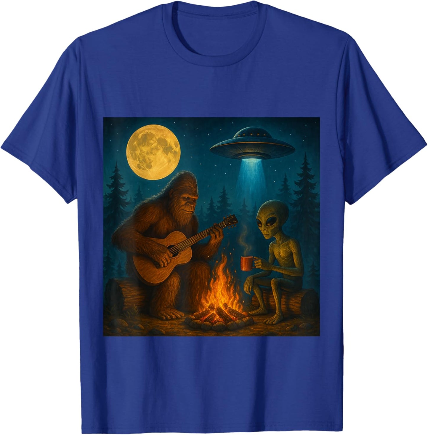 Funny Bigfoot and Alien Campfire Moon UFO Hiking Adventure T-Shirt - T-Shirt | Royal