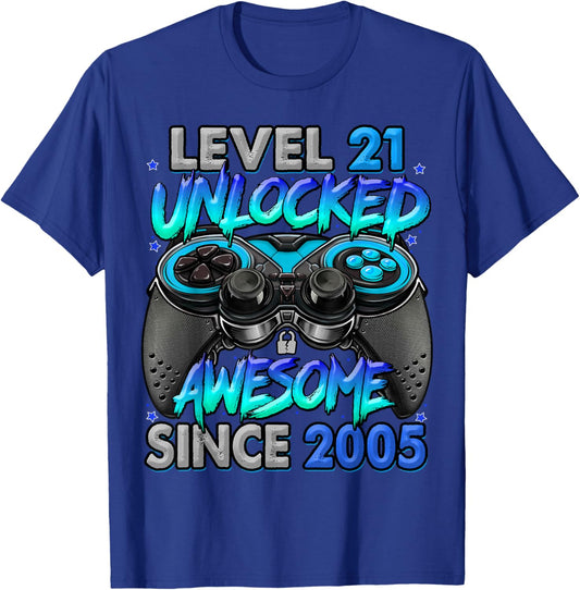Level 21 Unlocked Awesome Since 2005 21st Birthday Gaming T-Shirt - T-Shirt | Royal