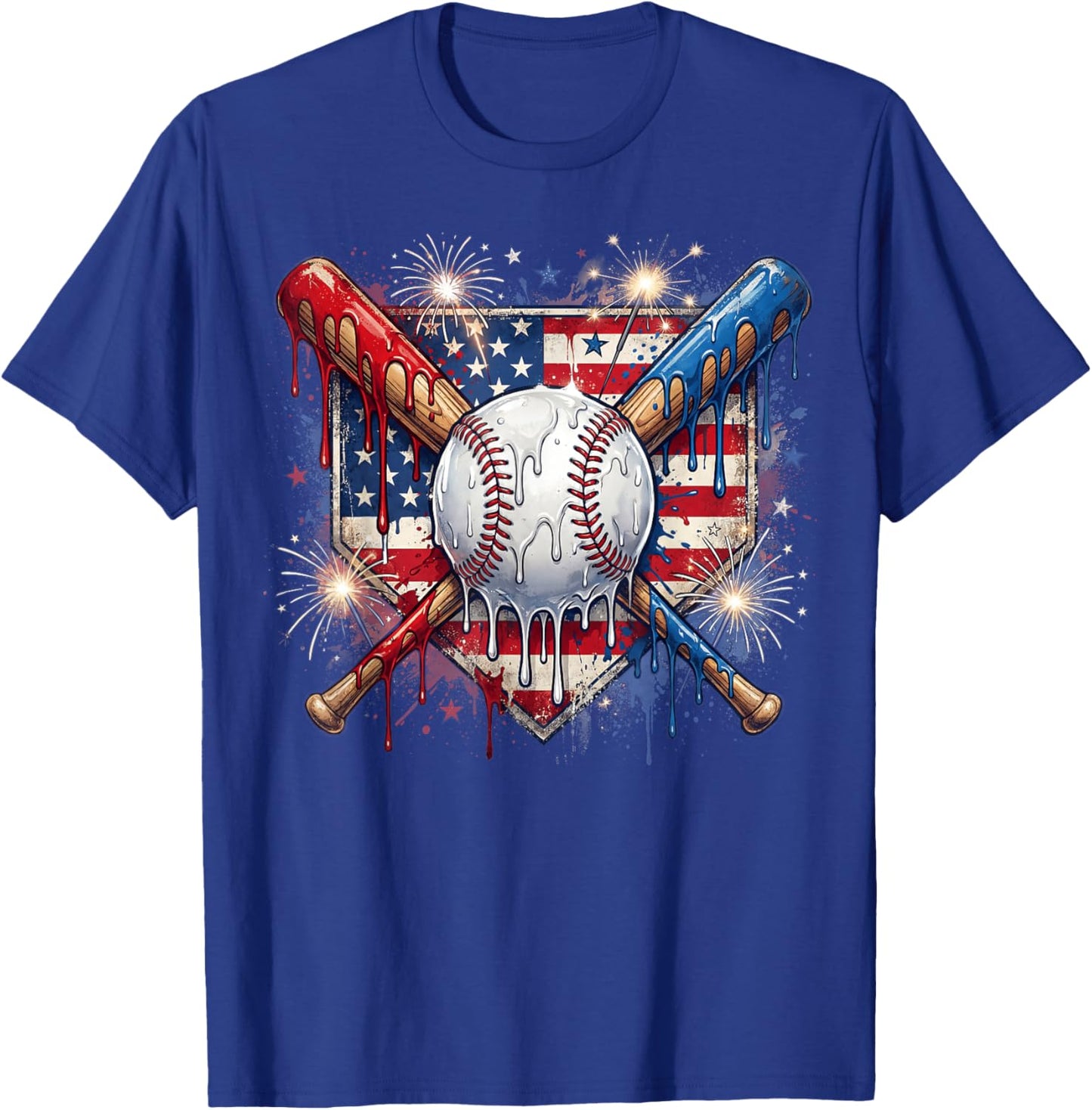 4th of July Baseball Drip Ice Cream Patriotic American Flag T-Shirt - T-Shirt | Royal
