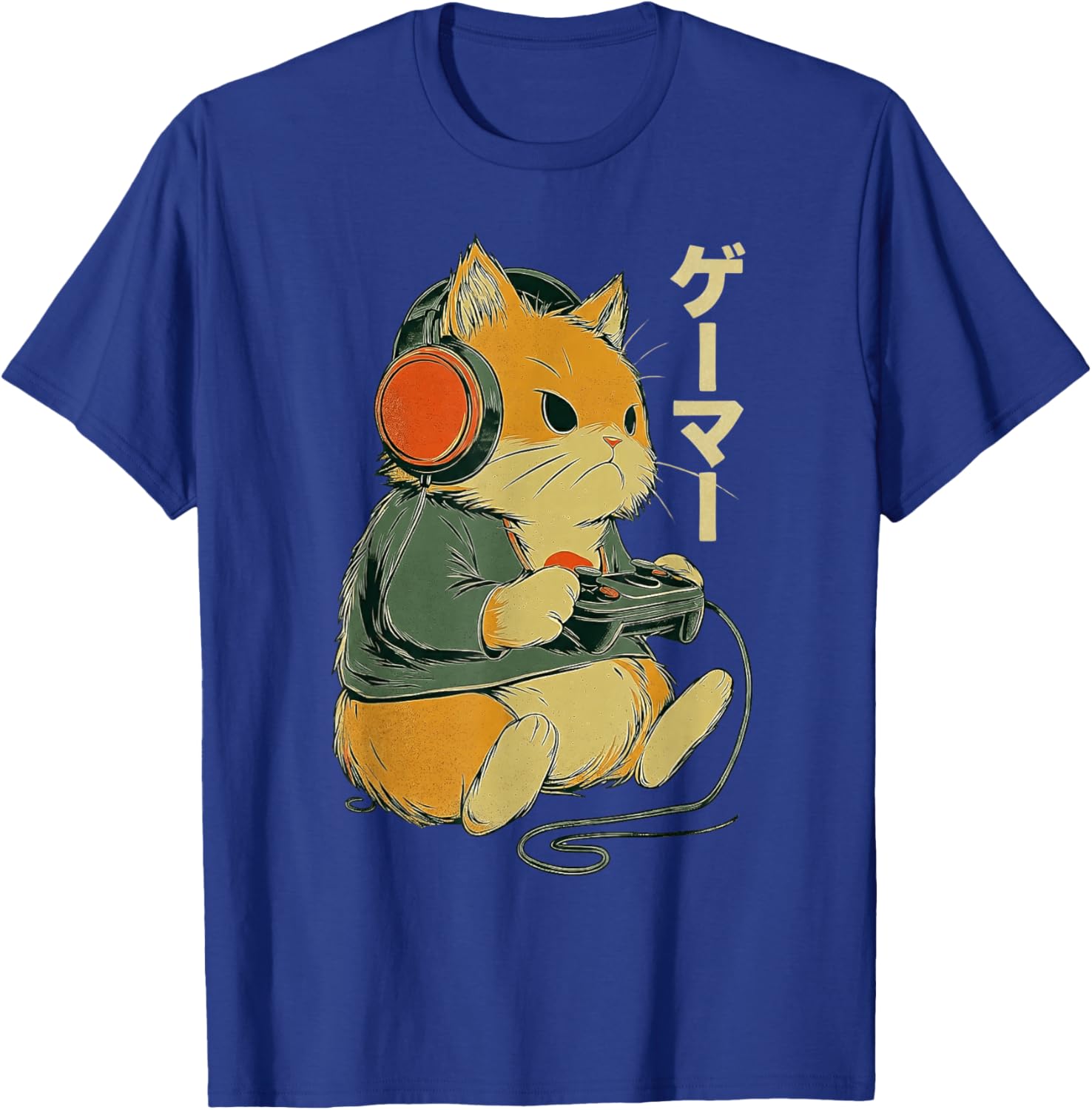 Japanese Cat Gamer Art Men Women Boys Funny Vintage Gaming T-Shirt - T-Shirt | Royal