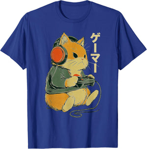 Japanese Cat Gamer Art Men Women Boys Funny Vintage Gaming T-Shirt - T-Shirt | Royal