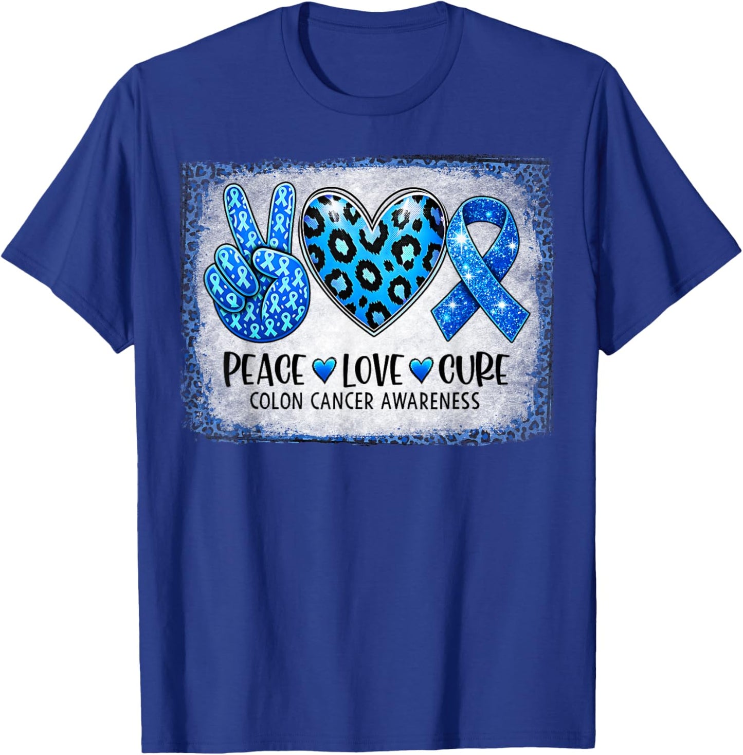 Peace Love Cure Blue Ribbon Leopard Colon Cancer Awareness T-Shirt - T-Shirt | Royal