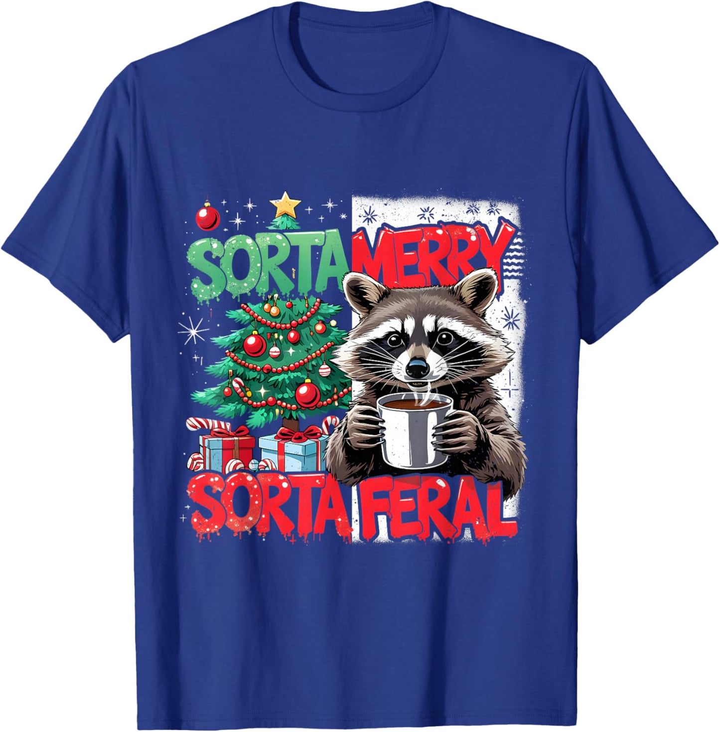 Sorta Merry Feral Raccoon Funny Christmas Holiday T-Shirt - T-Shirt | Royal
