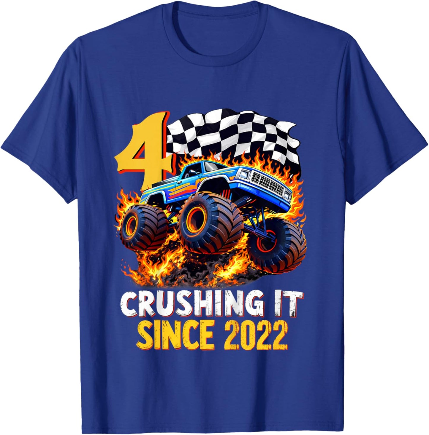 Kids 4th Birthday Monster Truck 4 Year Old Gift Boys Born in 2022 T-Shirt - T-Shirt | Royal