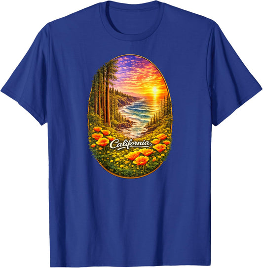 California Coast Redwood Ocean Poppy Nature Back Print T-Shirt - T-Shirt | Royal