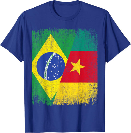 Half Brazil Cameroon Split Flag Brazilian Cameroonian Roots T-Shirt - T-Shirt | Royal
