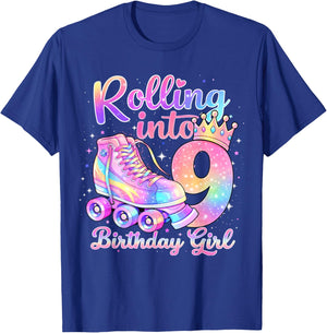 Rolling Into 9 Years Old Roller Skating Girl 9th Birthday T-Shirt - T-Shirt | Royal