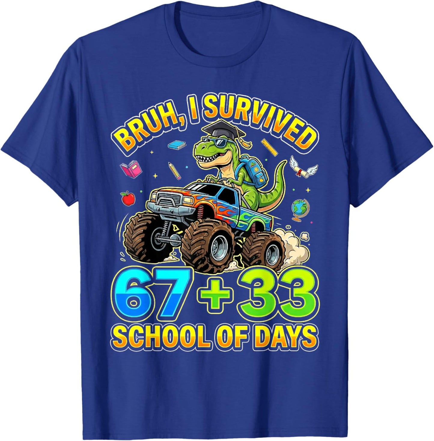 I Survived 67 33 Days of School Dinosaur Youth Kids Boy Girl T-Shirt - T-Shirt | Royal