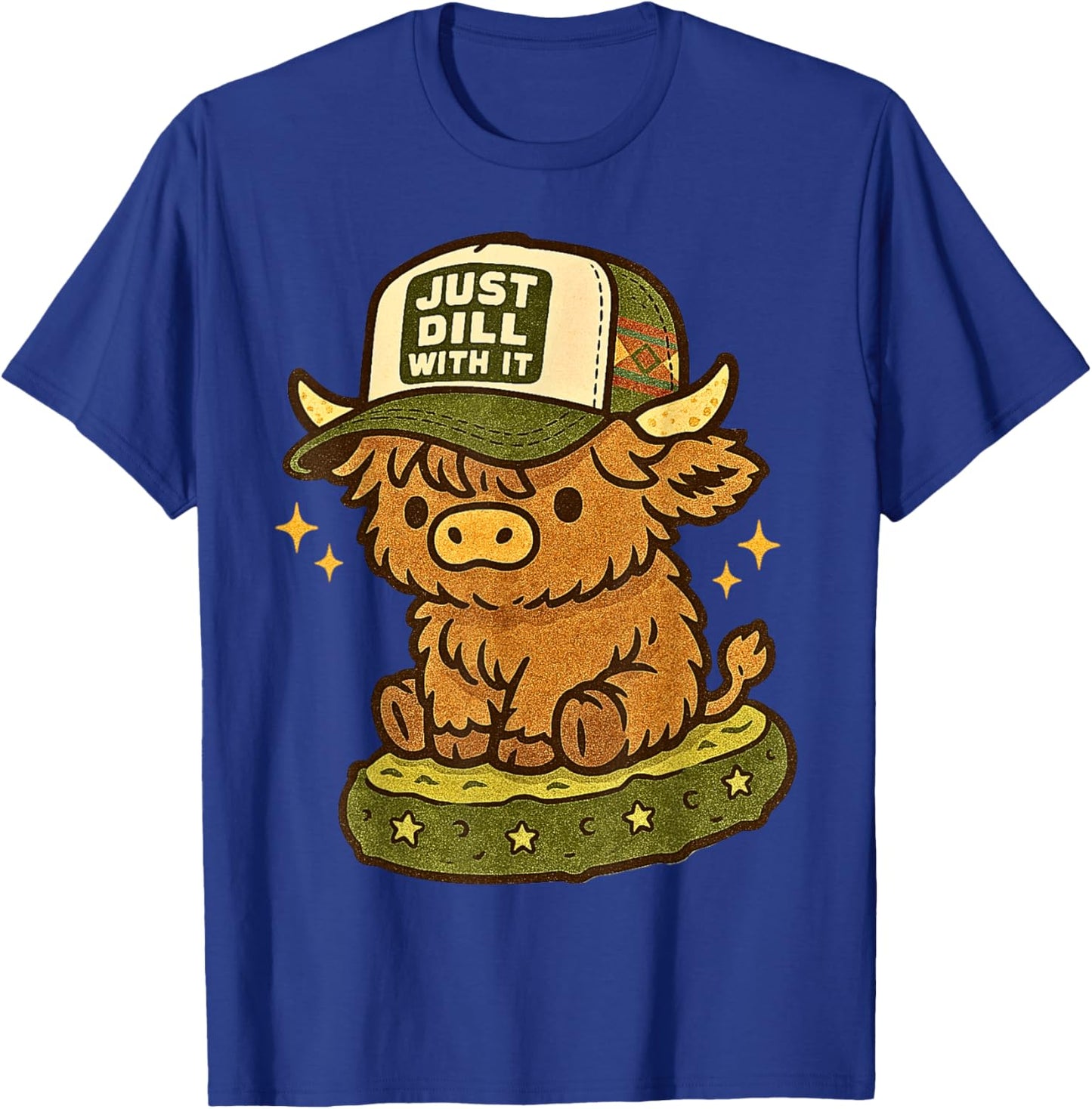 Just Dill with It Cute Highland Cow Pickle Pun T-Shirt - T-Shirt | Royal