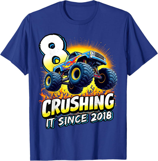 Birthday Monster Truck 8 Year Old Boys 8th Party Born 2018 T-Shirt - T-Shirt | Royal