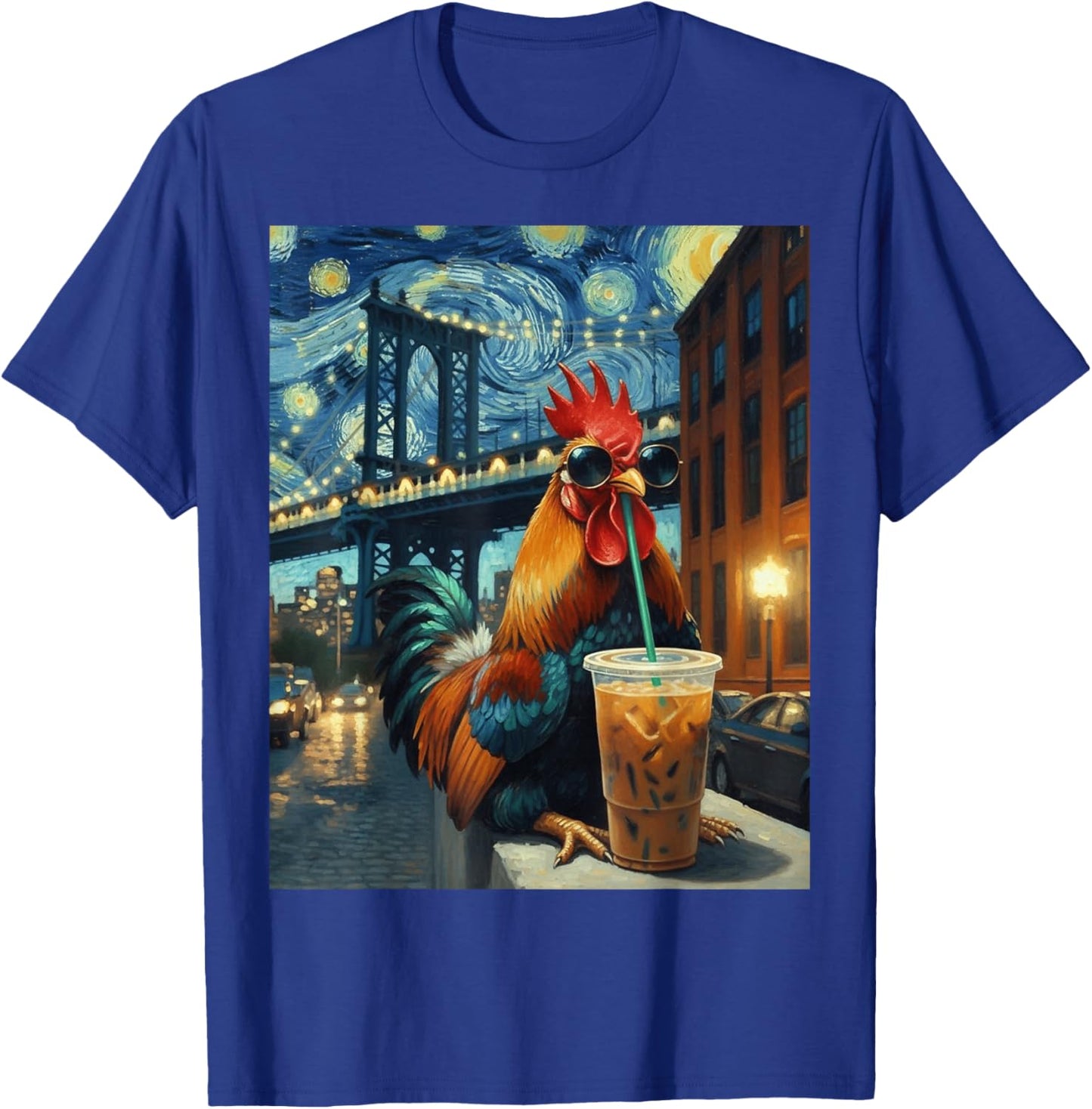 Rooster Drinking Coffee Starry Night Animal T-Shirt - T-Shirt | Royal