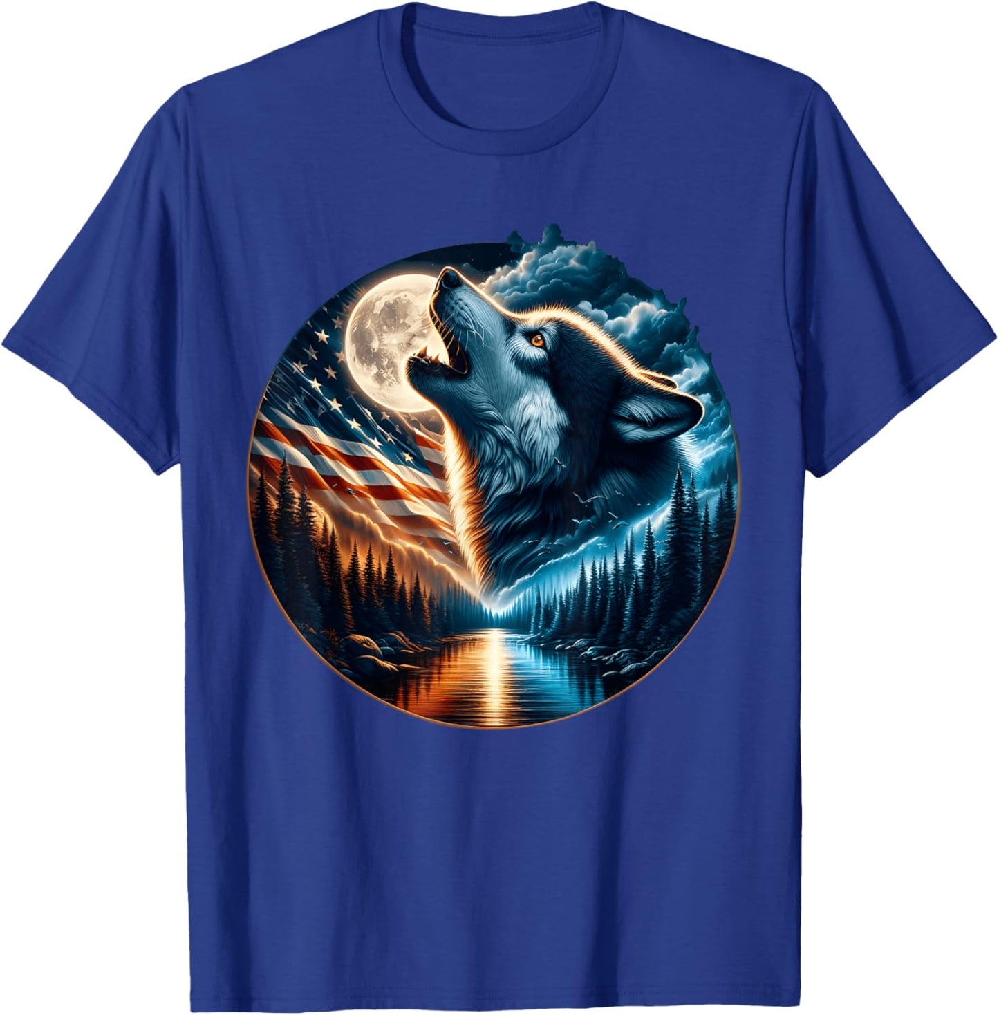 Wolf Howling Moon Wolves 4th of July American Flag Wildlife T-Shirt - T-Shirt | Royal