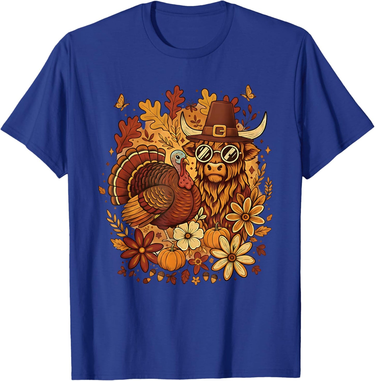 Retro Fall Highland Cow Turkey Autumn Pumpkin Thanksgiving T-Shirt - T-Shirt | Royal