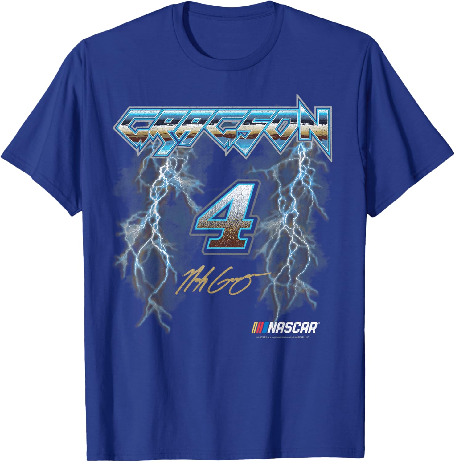 NASCAR Noah Gragson No. 4 Lightning Metalic Neon Blue Text T-Shirt - T-Shirt | Royal