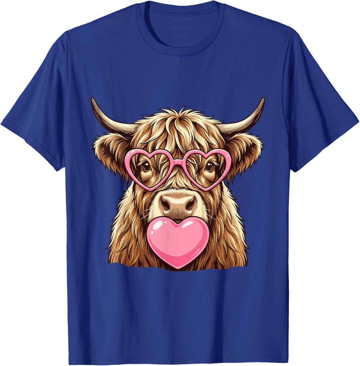 Cute Highland Cow Blowing Pink Valentine Heart Bubble Gum T-Shirt - T-Shirt | Royal