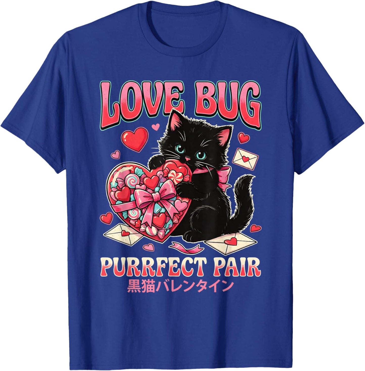 Cute Black Cat Valentine Heart Candy Sweet Kitty Aesthetic T-Shirt - T-Shirt | Royal