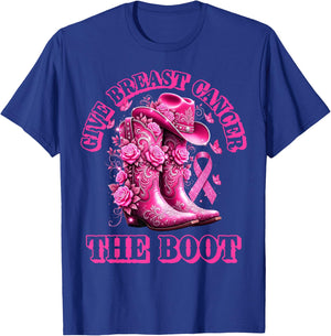 Give Breast Cancer The Boot Cowgirl Pink Ribbon Western T-Shirt - T-Shirt | Royal