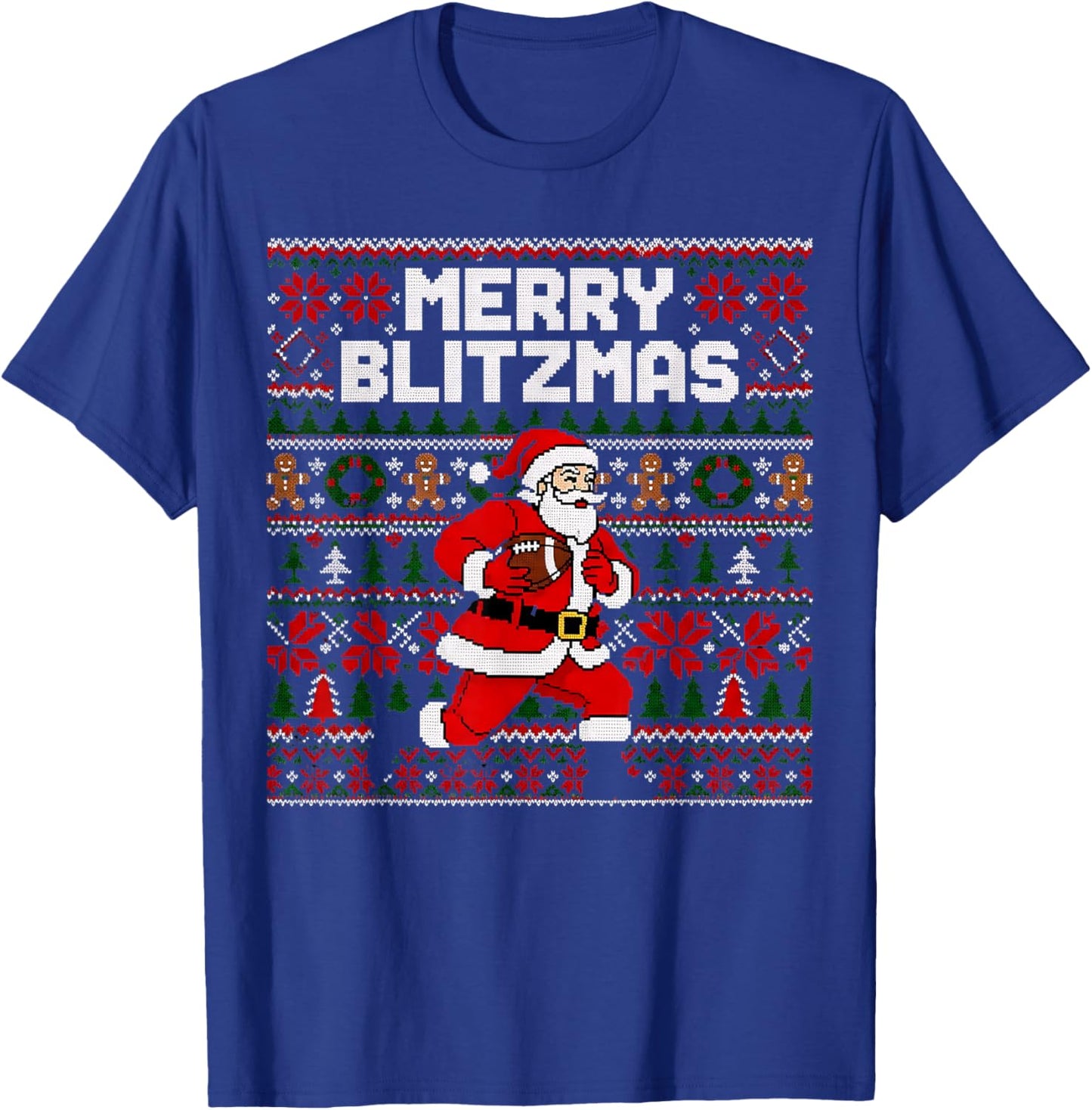 Christmas Merry Blitzmas Santa Football Ugly Sweater Style T-Shirt - T-Shirt | Royal