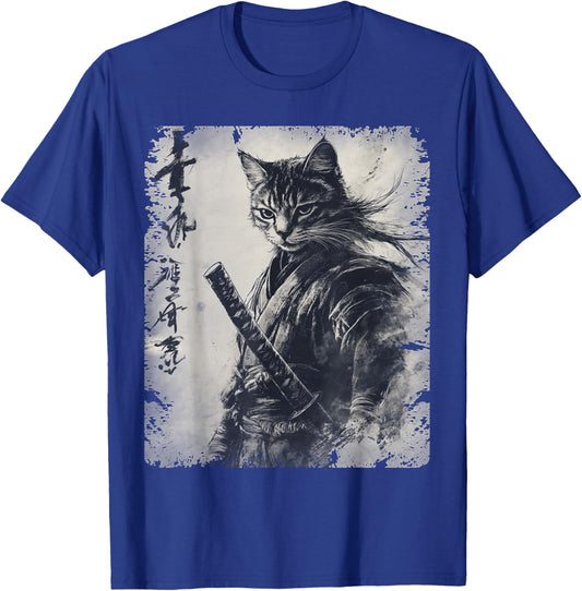 Samurai Cat Graphic Warrior Vintage Japanese Art Anime T-Shirt - T-Shirt | Royal