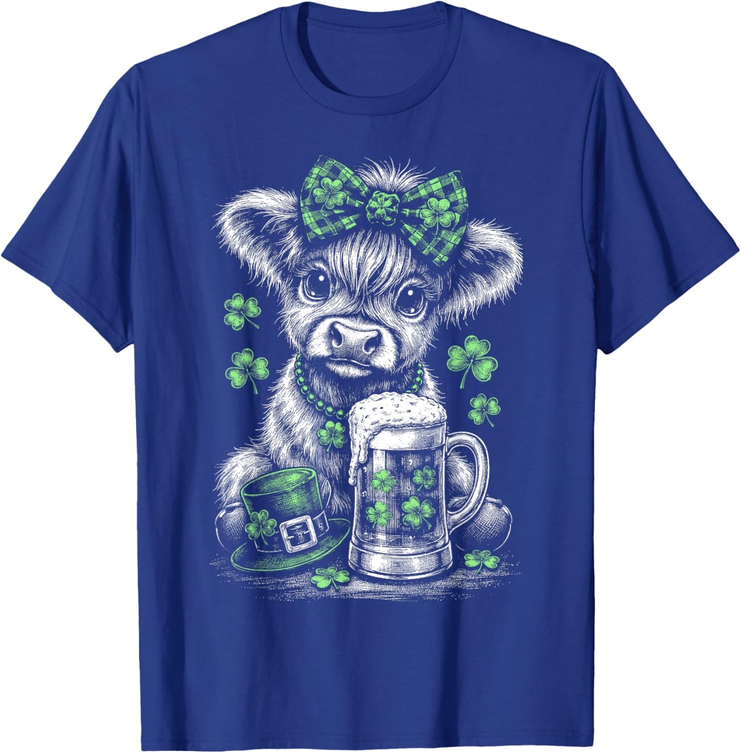 St Patrick's Day Highland Cow Green Plaid Bow Lucky Shamrock T-Shirt - T-Shirt | Royal