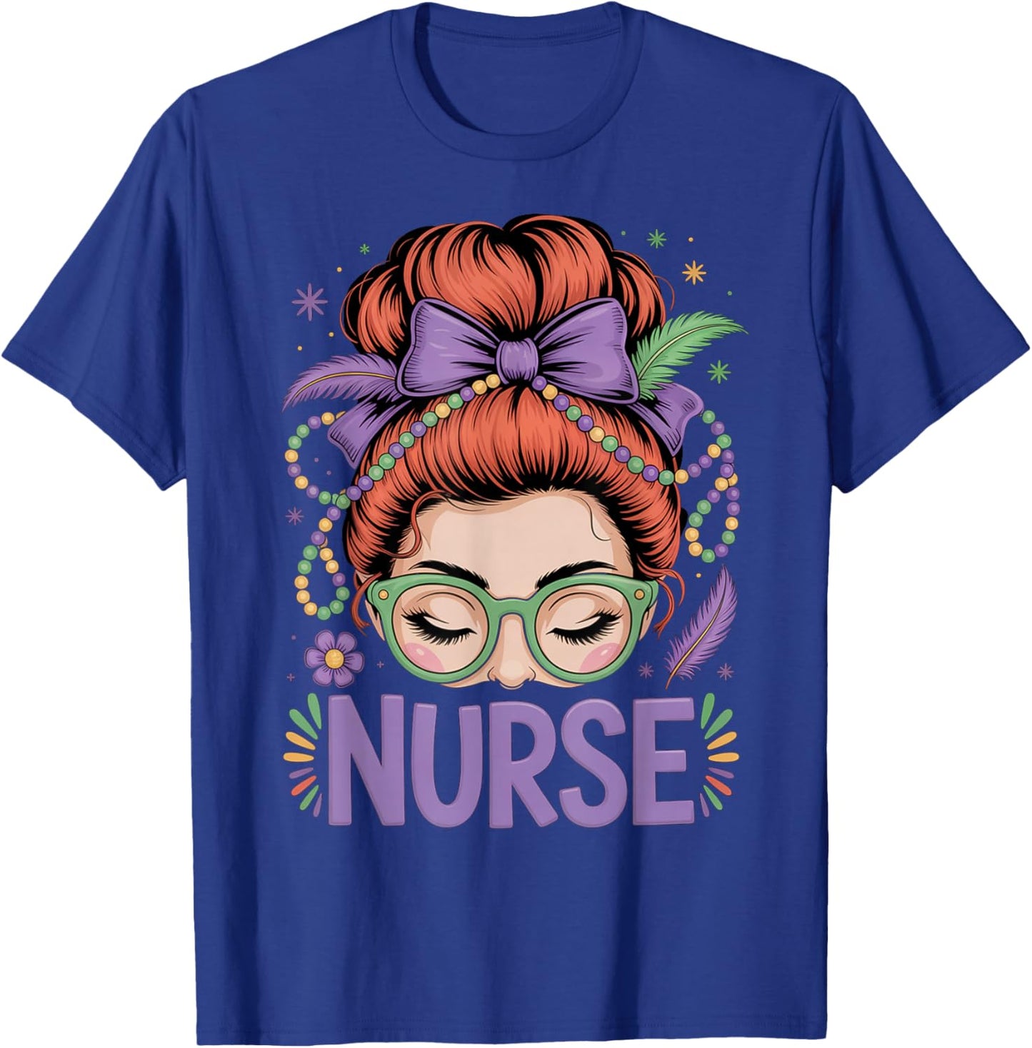 Redhead Nurse Mardi Gras Nursing Student RN LPN CNA HHA NP T-Shirt - T-Shirt | Royal